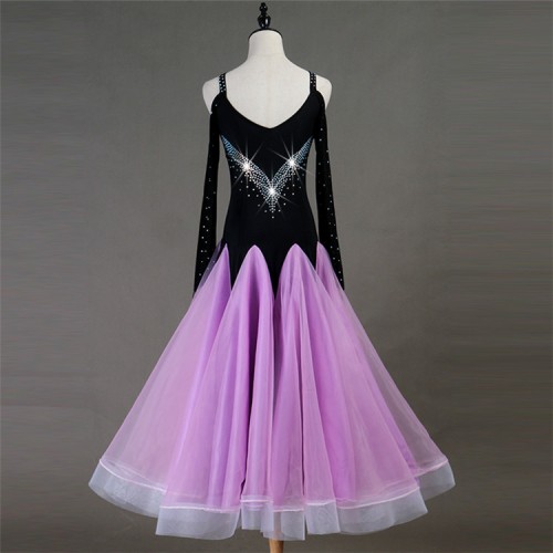 Women's kids children girls black with violet diamond ballroom dancing dresses long sleeves waltz tango dance dresses